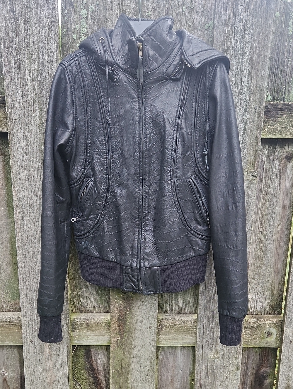 Aqua Black Hooded Detachable w/ Zipper Genuine Leather Bomber Jacket Sz S